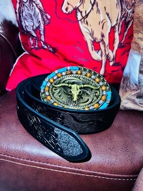 Western Black Leather Belt with Turquoise & Gold Bull Skull Buckle